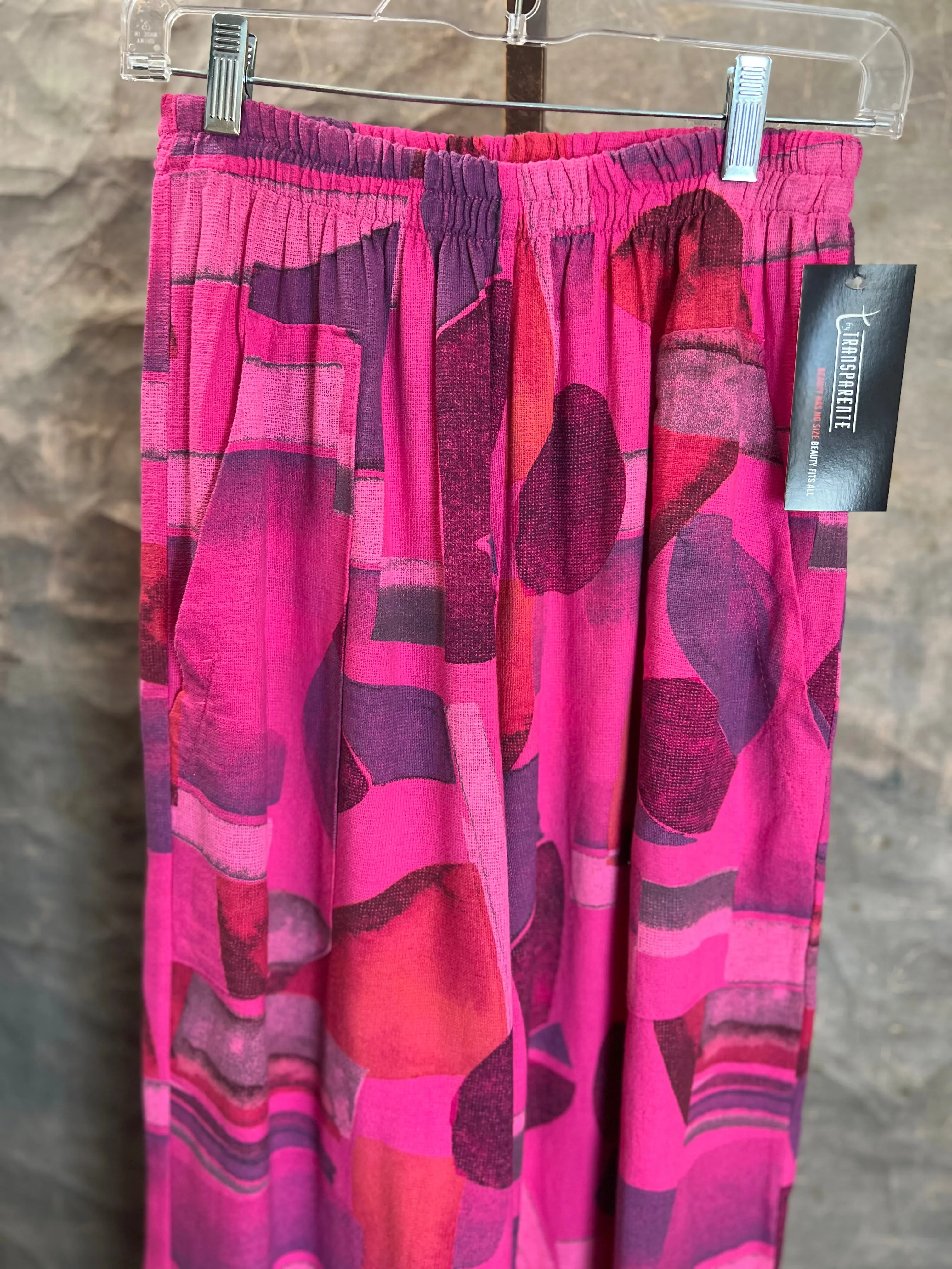 90911-23 Linen Print Pants-Fuchsia