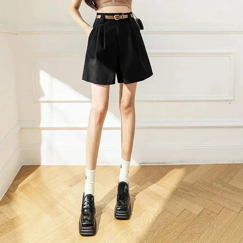 Casual Summer High Waist A-line Wide Leg Loose Cargo Belted Shorts