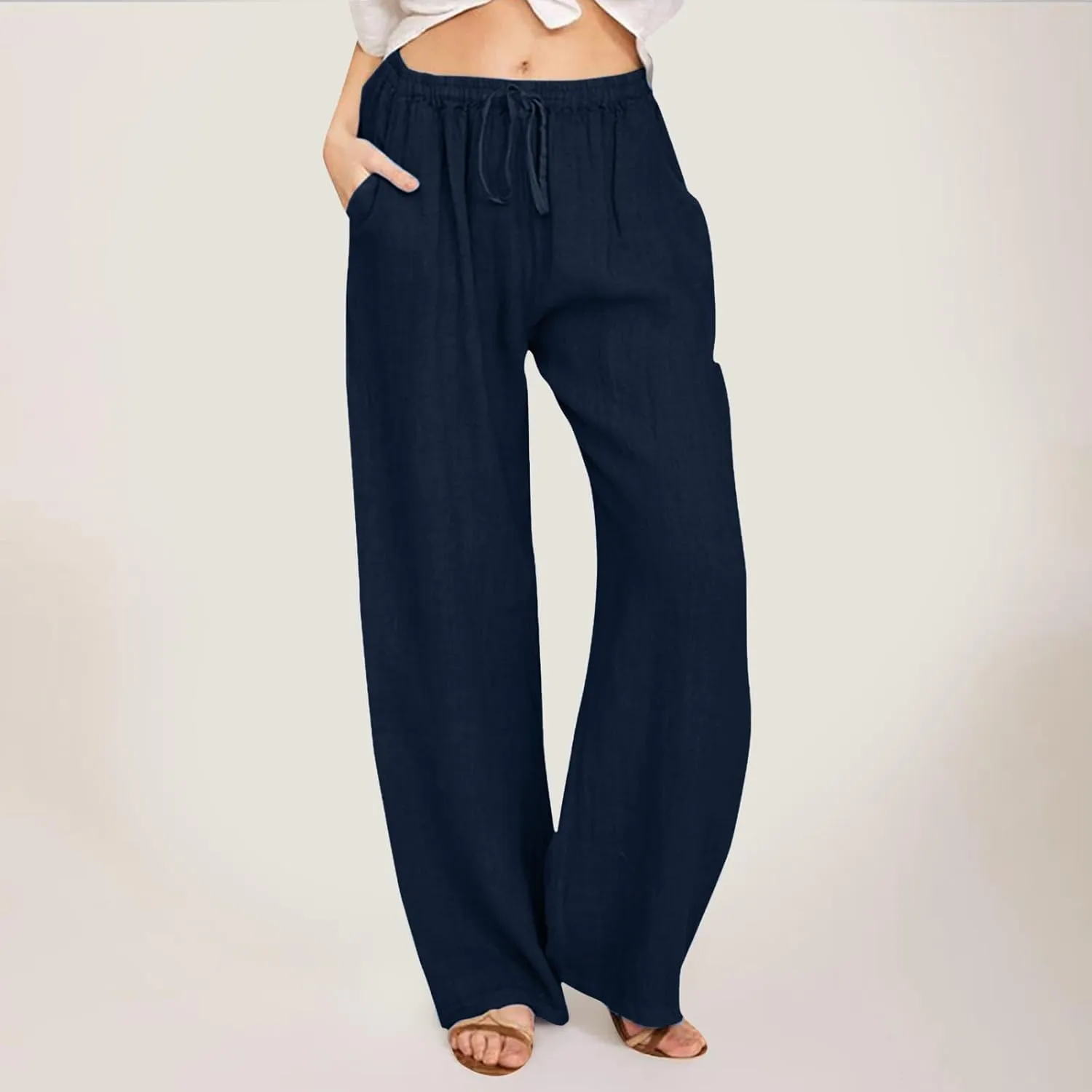 Linen Pants Women Summer,2025 Wide Leg Casual Cotton Linen Pants High Waisted Drawstring Lounge Pants Beach Trousers