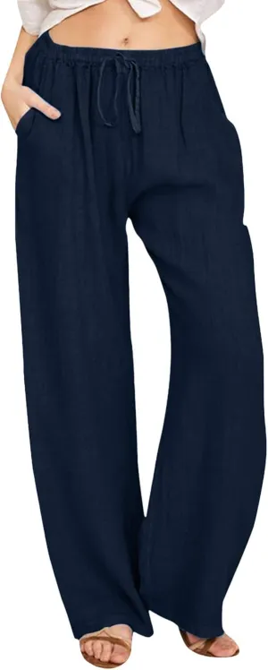 Linen Pants Women Summer,2025 Wide Leg Casual Cotton Linen Pants High Waisted Drawstring Lounge Pants Beach Trousers