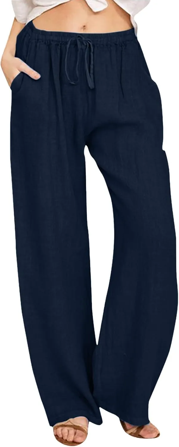 Linen Pants Women Summer,2025 Wide Leg Casual Cotton Linen Pants High Waisted Drawstring Lounge Pants Beach Trousers