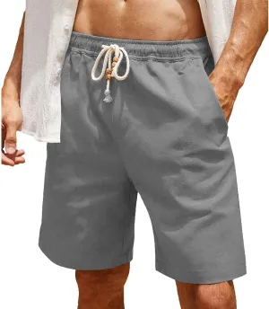 Men's Cotton Linen Shorts Elastic Waist Drawstring Pant Plain Slim Fit Beach Shorts Summer Lightweight Vacation Pants