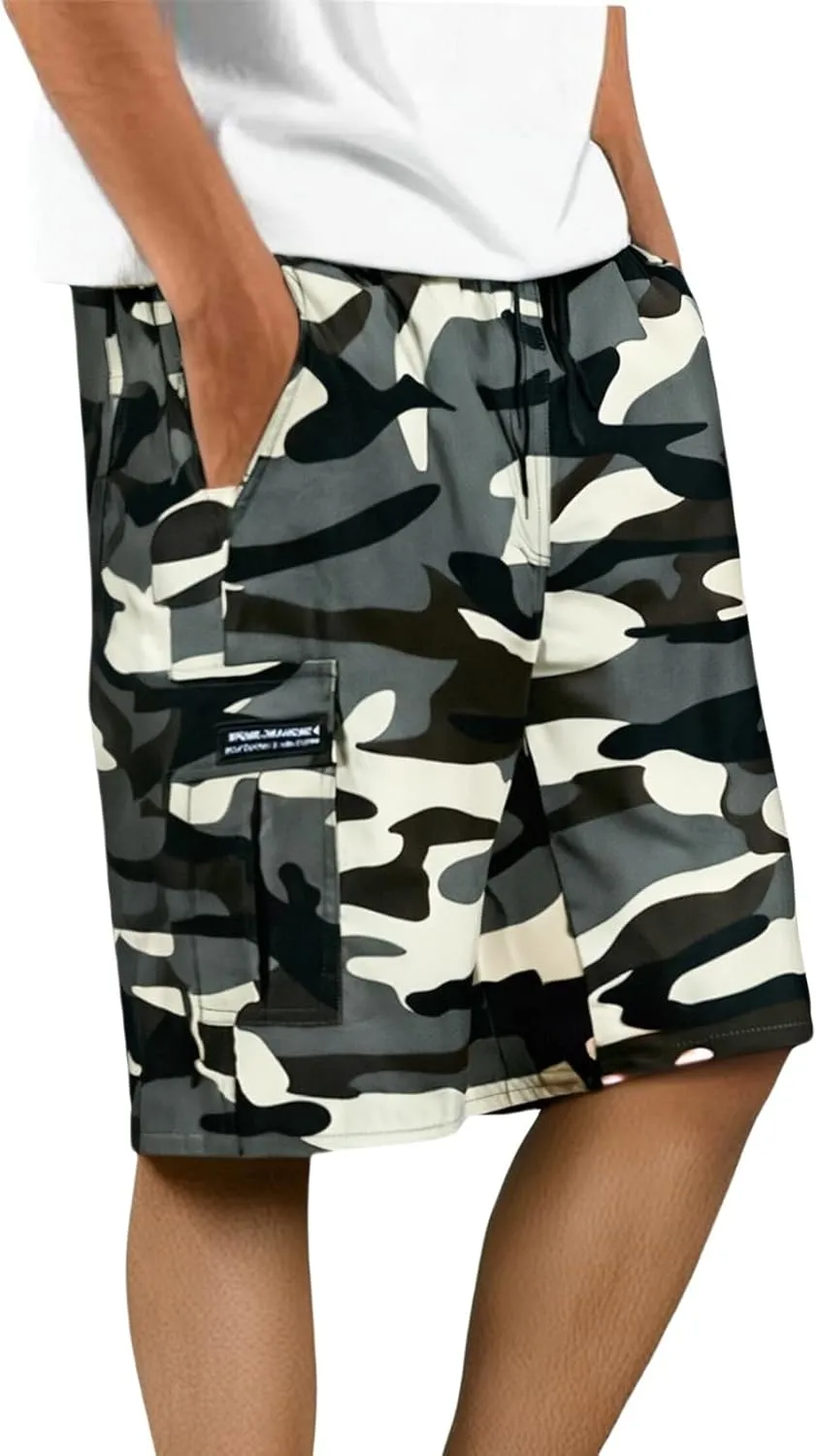 Men's Long Cargo Shorts Camouflage Casual Loose Fit Multi-Pockets Military Cargo Shorts Athletic Gym Workout Short