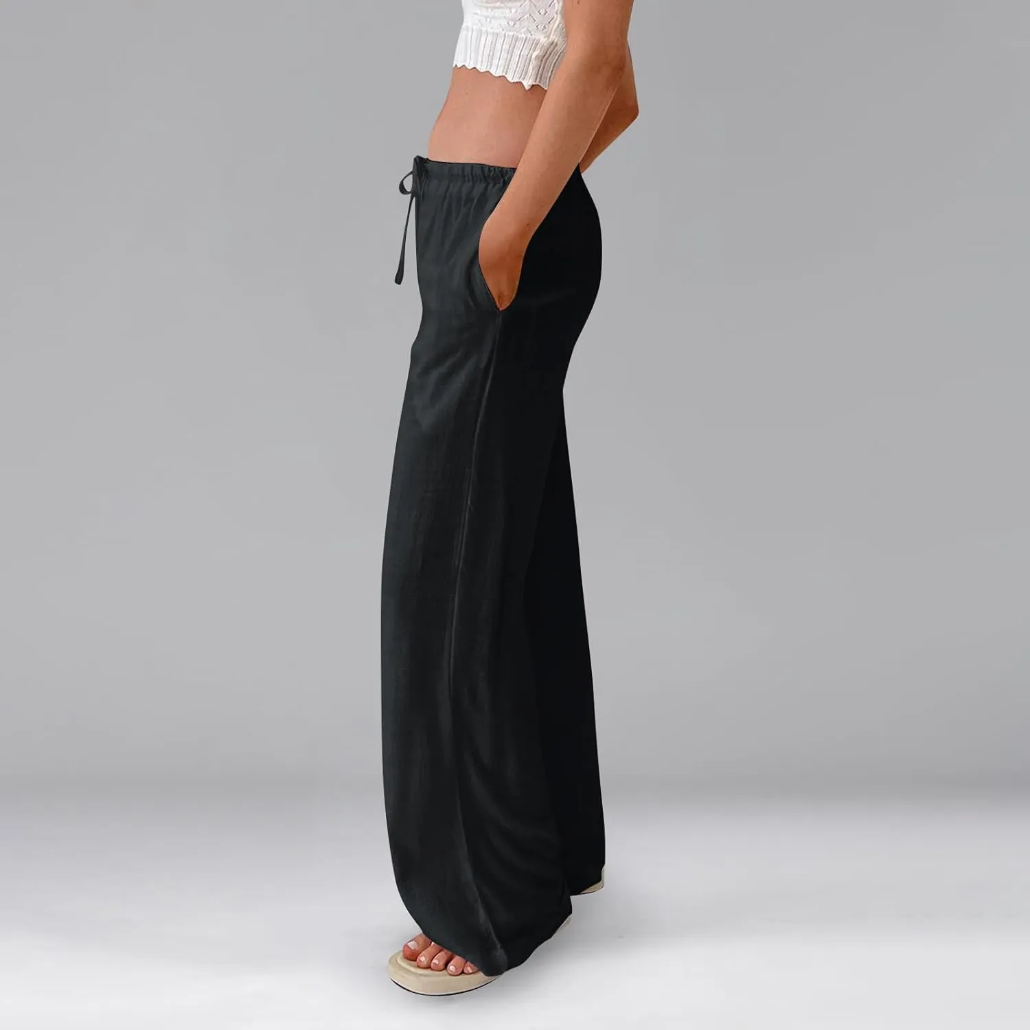 Wide Leg Linen Pants for Women Summer Loose Drawstring Elastic Low Rise Pants with Pockets Comfy Casual Outfits