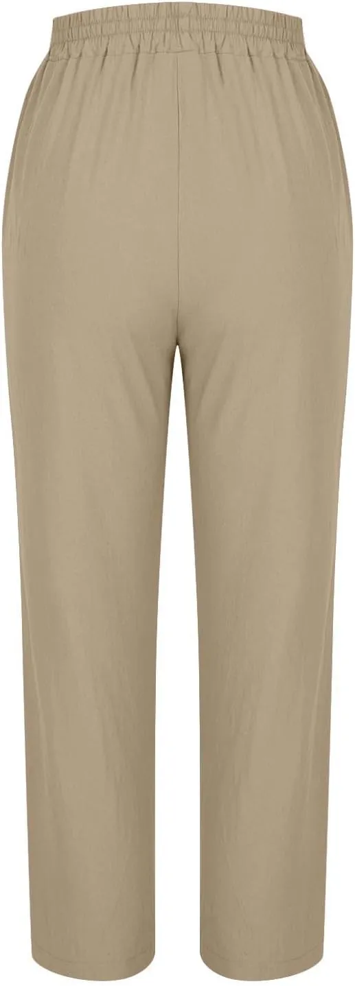 Women Linen Pants Plus Size Summer Trendy High Waisted Straight Leg Pants Comfy Loose Fit Cropped Trousers with Pockets