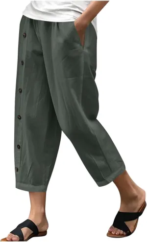Women Linen Pants Plus Size Summer Trendy High Waisted Straight Leg Pants Comfy Loose Fit Cropped Trousers with Pockets