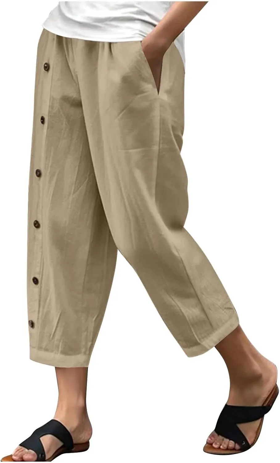 Women Linen Pants Plus Size Summer Trendy High Waisted Straight Leg Pants Comfy Loose Fit Cropped Trousers with Pockets