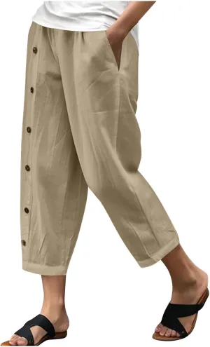 Women Linen Pants Plus Size Summer Trendy High Waisted Straight Leg Pants Comfy Loose Fit Cropped Trousers with Pockets