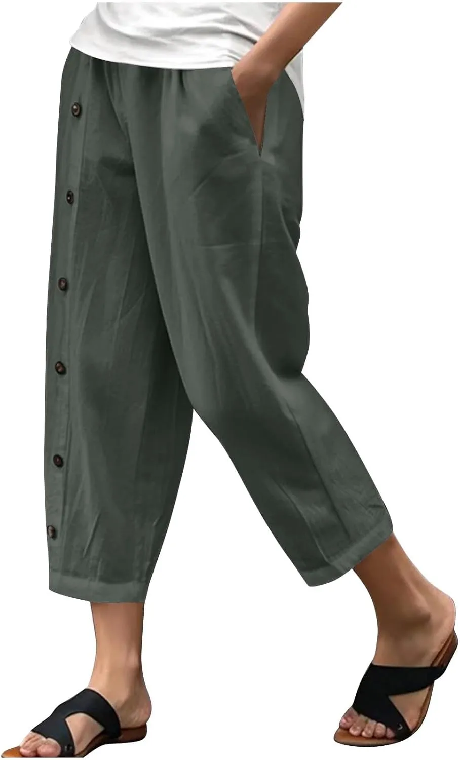 Women Linen Pants Plus Size Summer Trendy High Waisted Straight Leg Pants Comfy Loose Fit Cropped Trousers with Pockets