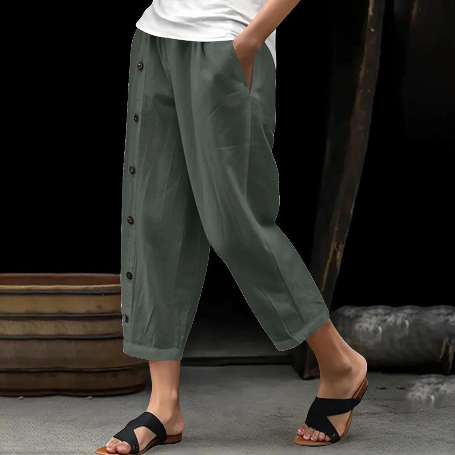 Women Linen Pants Plus Size Summer Trendy High Waisted Straight Leg Pants Comfy Loose Fit Cropped Trousers with Pockets