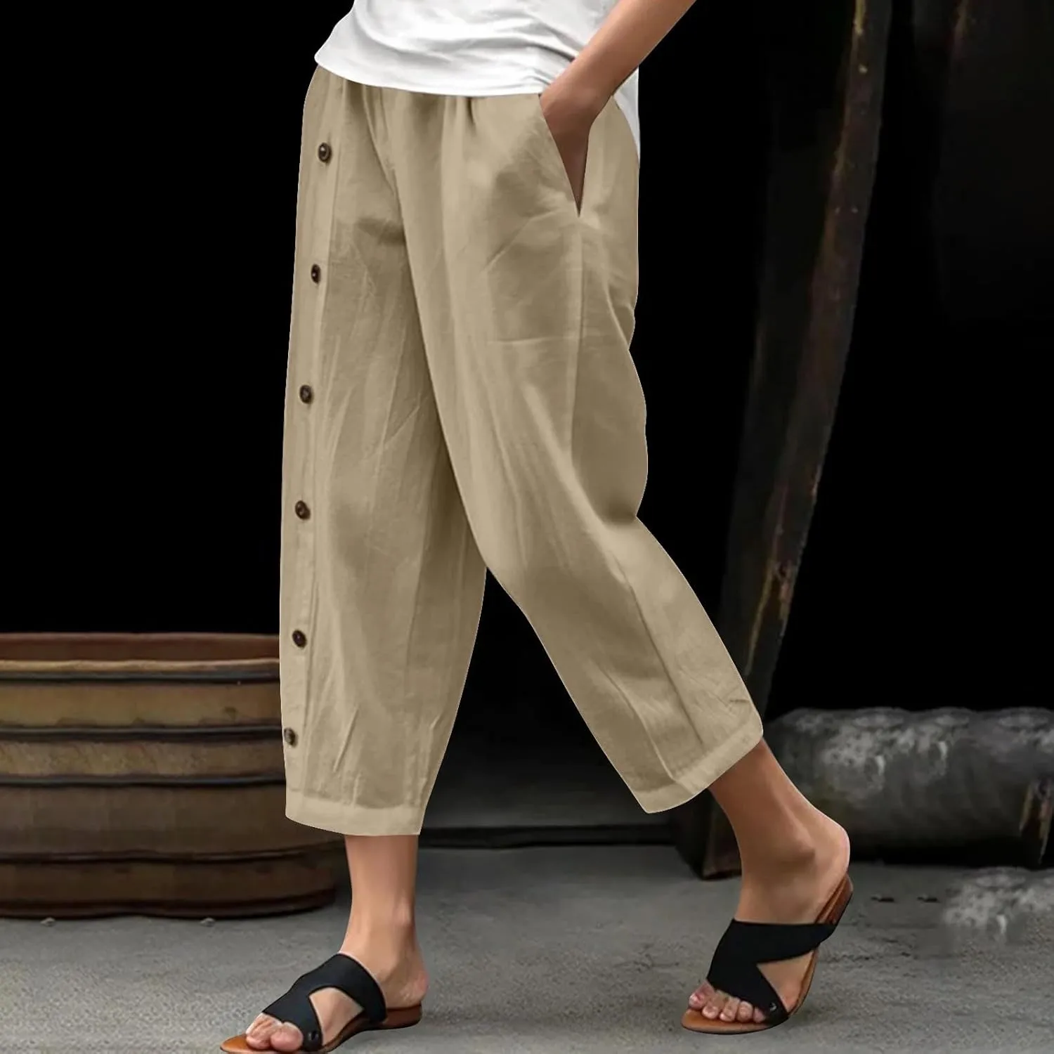 Women Linen Pants Plus Size Summer Trendy High Waisted Straight Leg Pants Comfy Loose Fit Cropped Trousers with Pockets