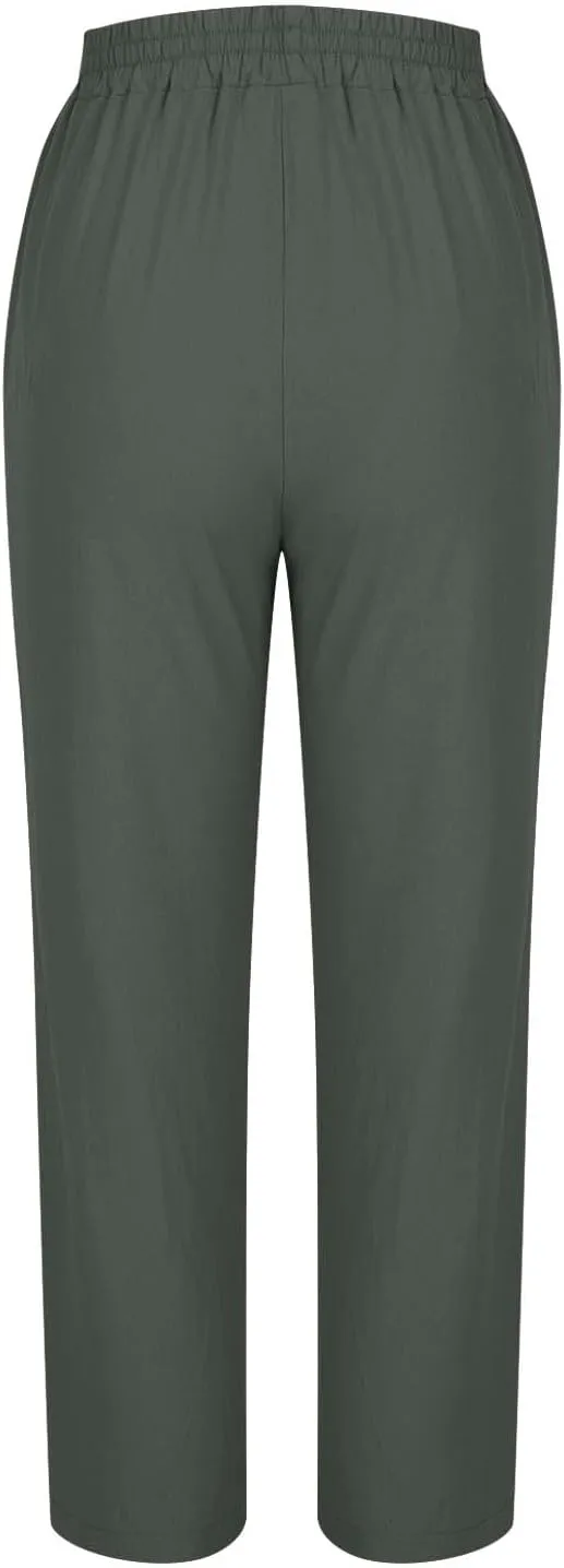 Women Linen Pants Plus Size Summer Trendy High Waisted Straight Leg Pants Comfy Loose Fit Cropped Trousers with Pockets