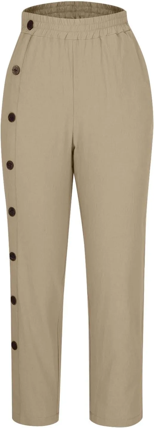 Women Linen Pants Plus Size Summer Trendy High Waisted Straight Leg Pants Comfy Loose Fit Cropped Trousers with Pockets