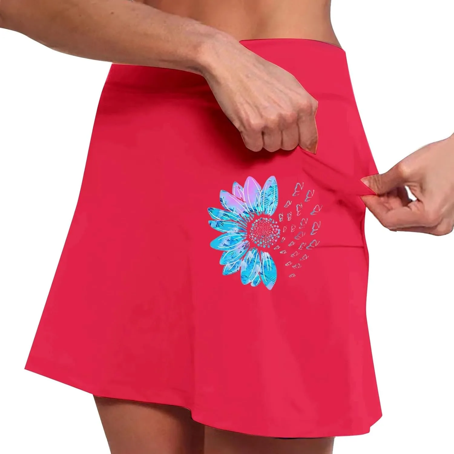 Women's 2 in 1 Athletic Skorts Daisy Printing Breathable Tennis Skirt Shorts Stretchy Workout Running Sport Shorts