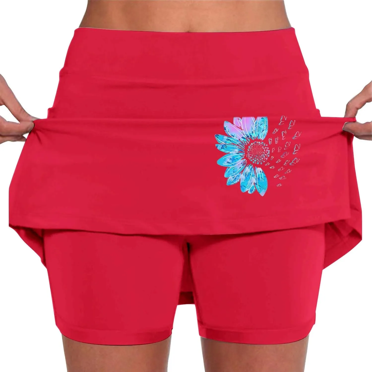 Women's 2 in 1 Athletic Skorts Daisy Printing Breathable Tennis Skirt Shorts Stretchy Workout Running Sport Shorts