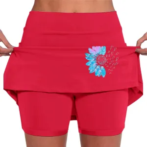 Women's 2 in 1 Athletic Skorts Daisy Printing Breathable Tennis Skirt Shorts Stretchy Workout Running Sport Shorts