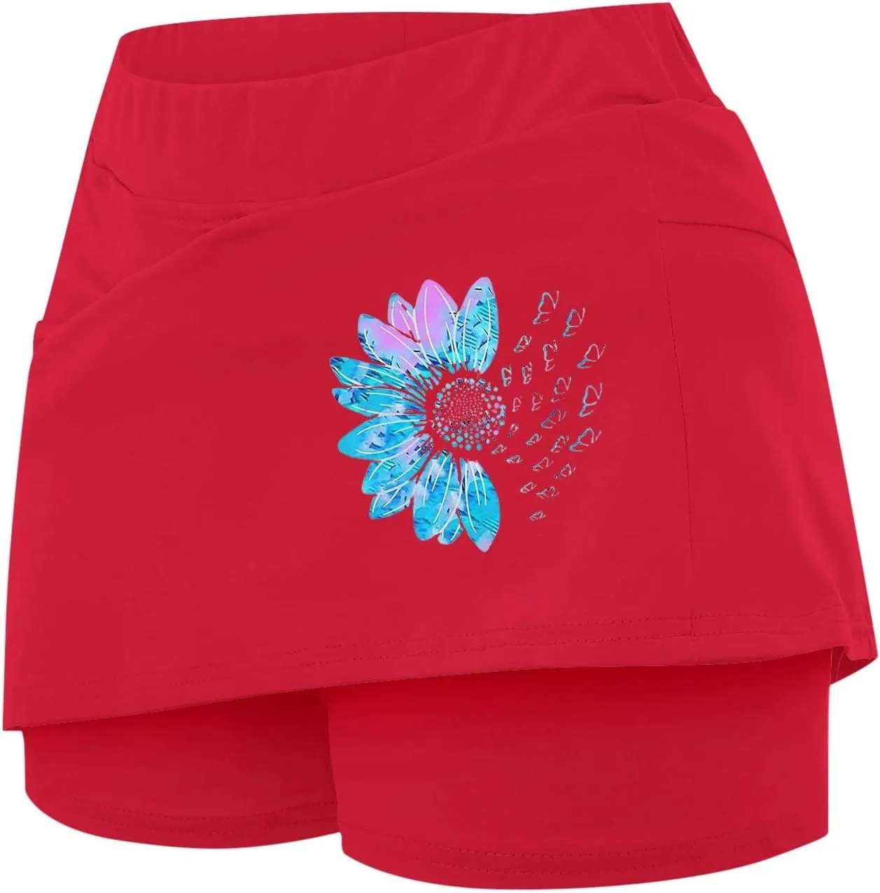 Women's 2 in 1 Athletic Skorts Daisy Printing Breathable Tennis Skirt Shorts Stretchy Workout Running Sport Shorts