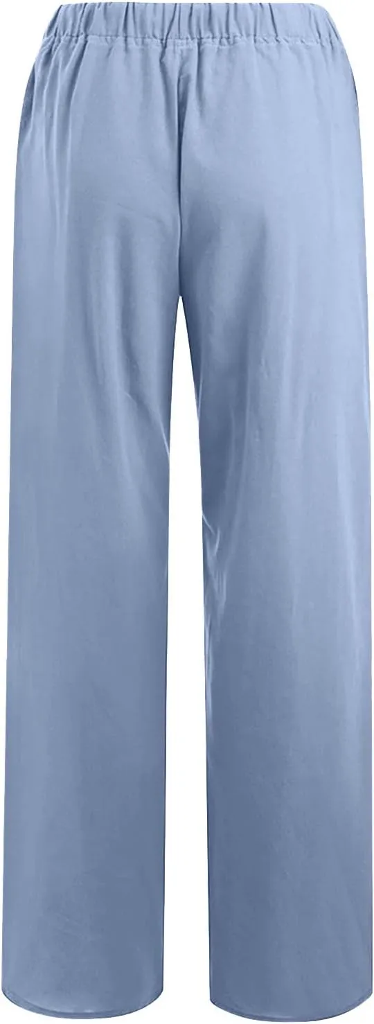 Womens Casual Linen Pants High Waist Pants Drawstring Elastic Wide Leg Pants Loose Fit Lounge Trousers with Pocket