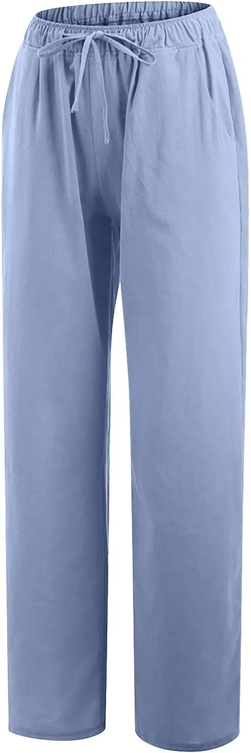 Womens Casual Linen Pants High Waist Pants Drawstring Elastic Wide Leg Pants Loose Fit Lounge Trousers with Pocket