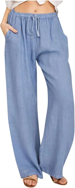 Womens Casual Linen Pants High Waist Pants Drawstring Elastic Wide Leg Pants Loose Fit Lounge Trousers with Pocket