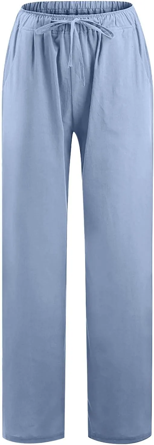 Womens Casual Linen Pants High Waist Pants Drawstring Elastic Wide Leg Pants Loose Fit Lounge Trousers with Pocket