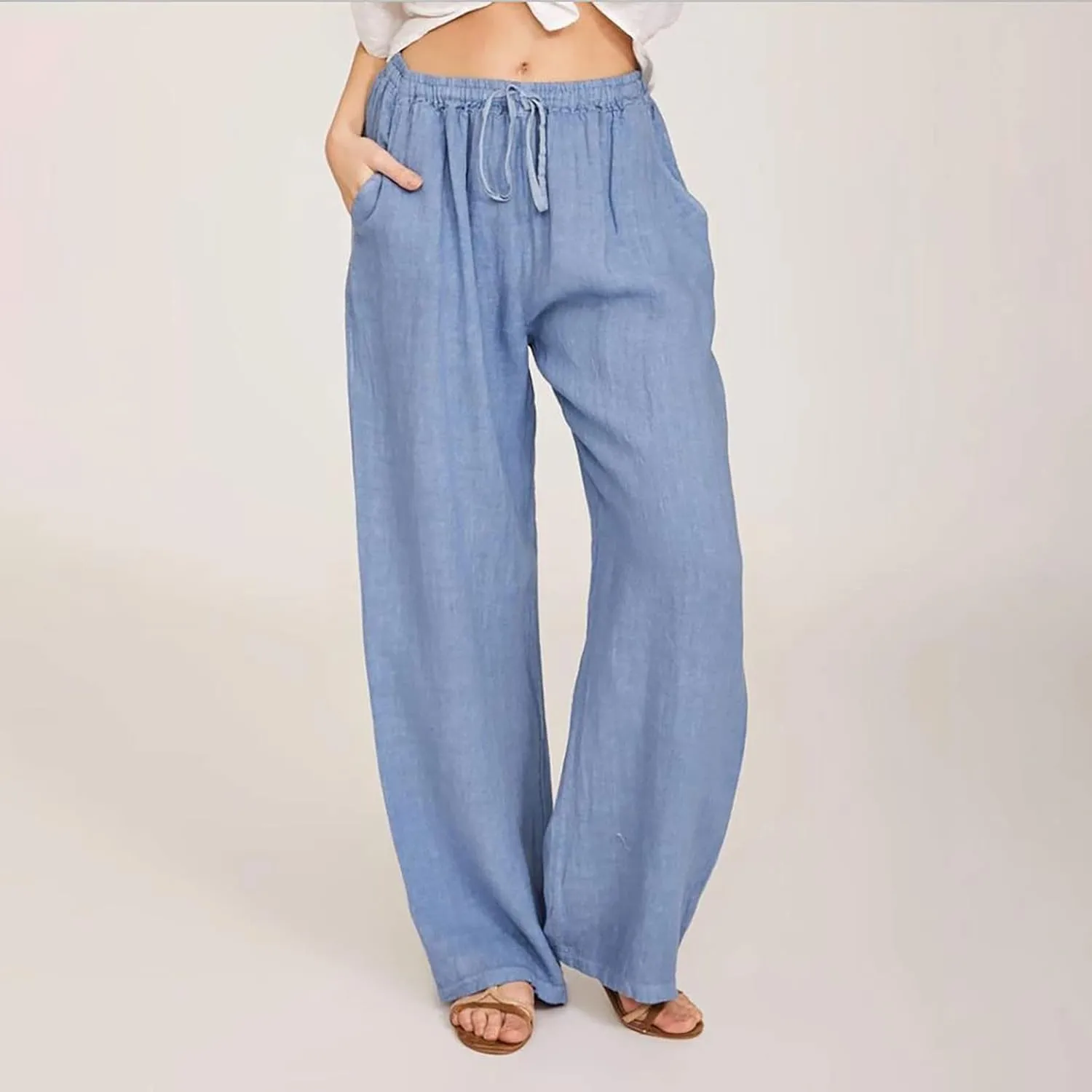 Womens Casual Linen Pants High Waist Pants Drawstring Elastic Wide Leg Pants Loose Fit Lounge Trousers with Pocket