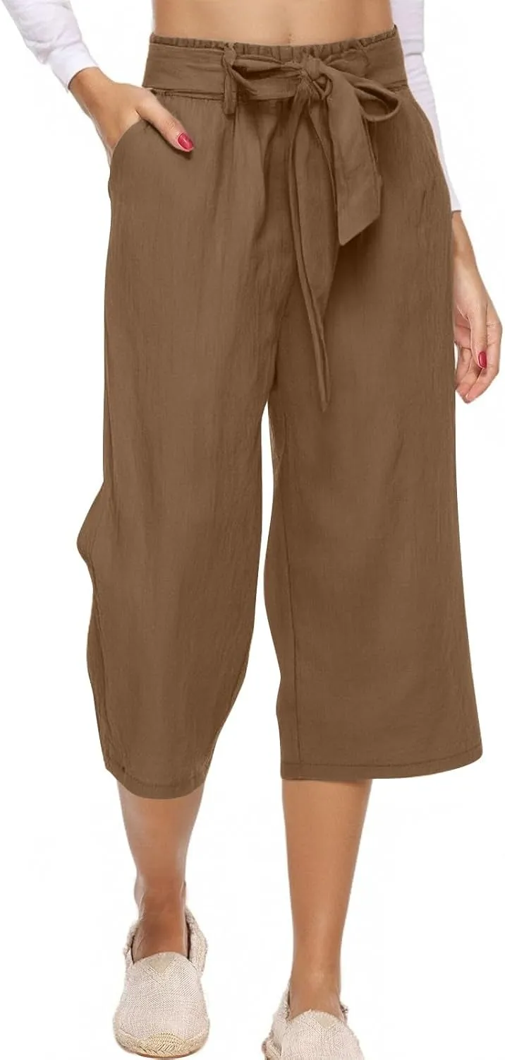 Womens Linen Capri Pants Straight Leg Elastic Waist Drawstring 2025 Summer Casual Lounge Trousers with Pockets