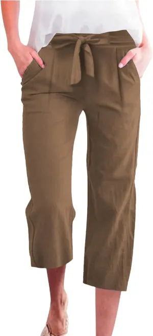 Womens Linen Capri Pants Straight Leg Elastic Waist Drawstring 2025 Summer Casual Lounge Trousers with Pockets