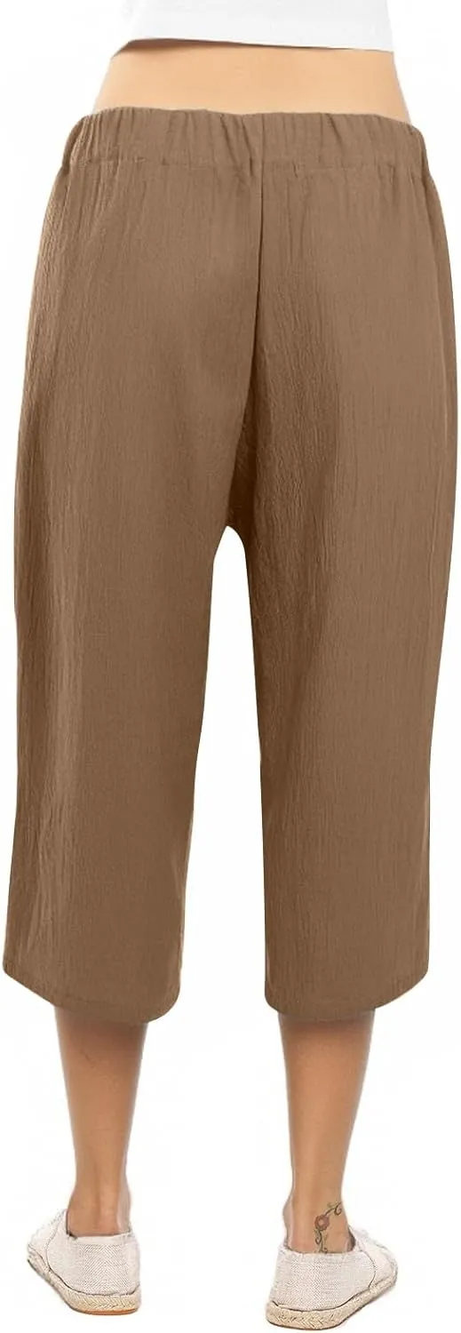 Womens Linen Capri Pants Straight Leg Elastic Waist Drawstring 2025 Summer Casual Lounge Trousers with Pockets