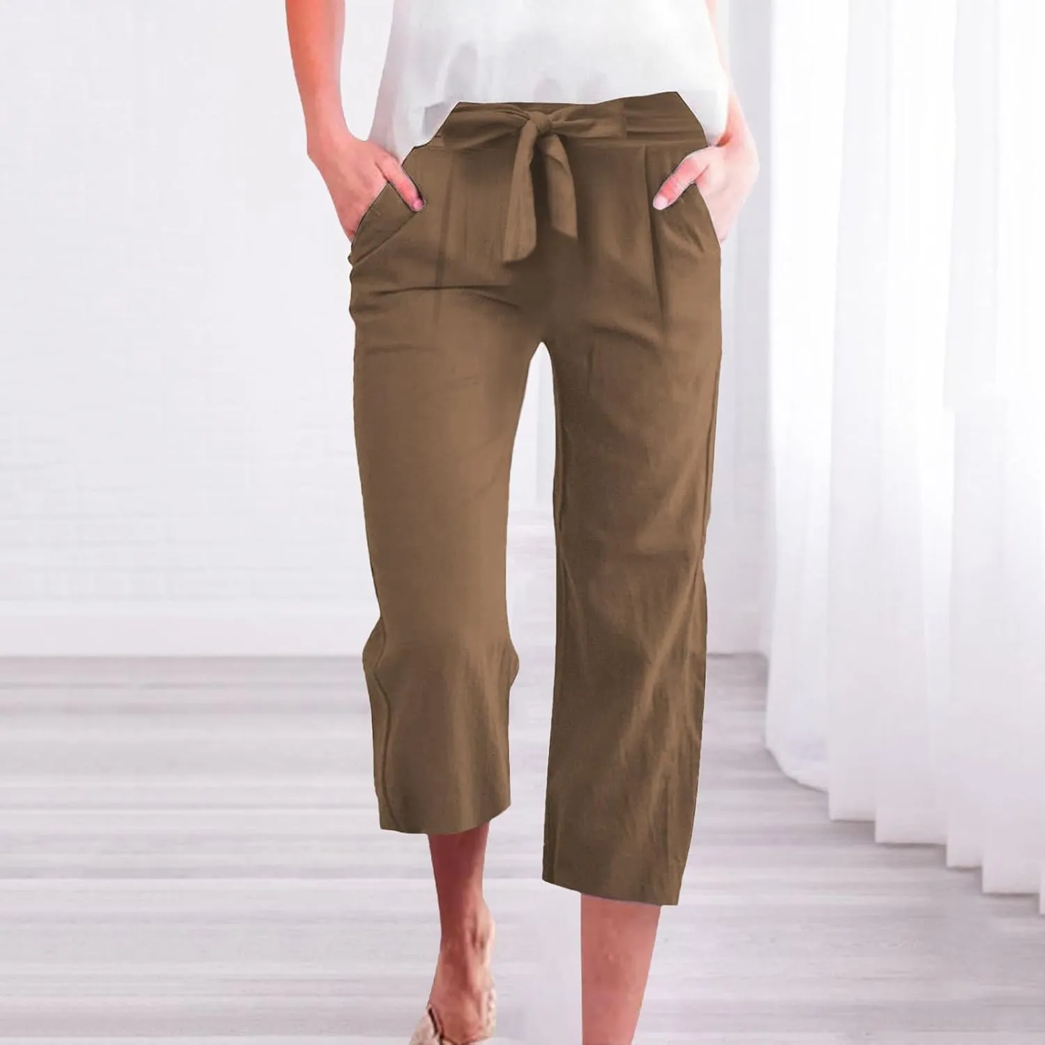 Womens Linen Capri Pants Straight Leg Elastic Waist Drawstring 2025 Summer Casual Lounge Trousers with Pockets